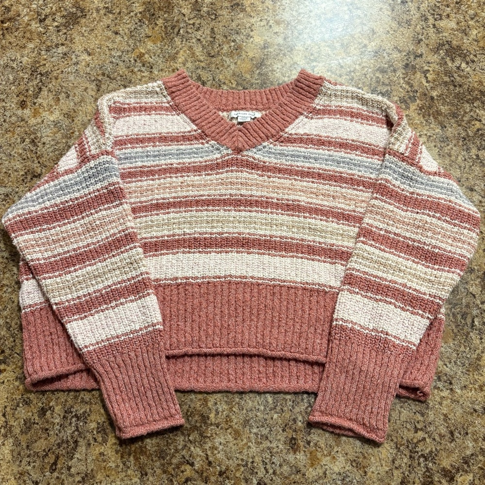 Striped V-Neck Sweater - Pink and Cream
